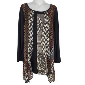 Dikalady Tunic Top Womens Small Patchwork Geometric Asymmetrical Black Lined Art